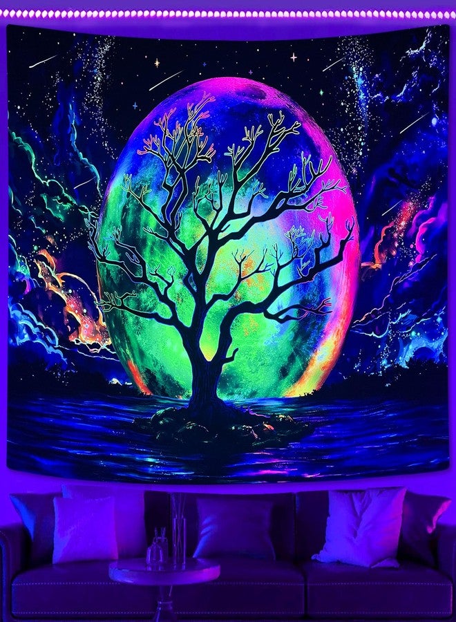 Faxdong Blacklight Moon Tapestry, UV Reactive Tree Lake Colorful Starry Night Galaxy Space Clouds Wall tapestry for Bedroom Decor 36×48 inch - Image 3